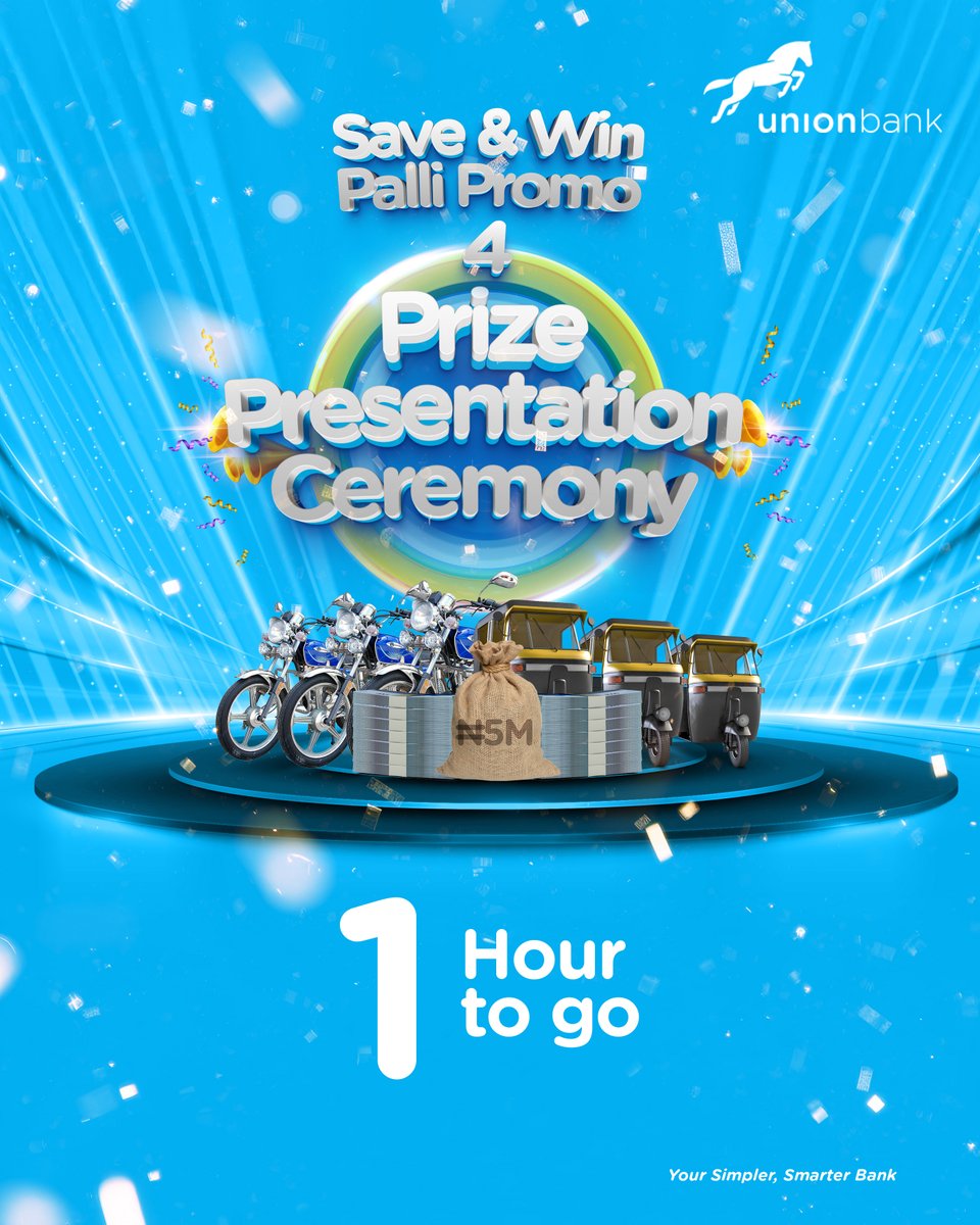 1 HOUR TO GO!!! 

Today, we will present the sum of ₦5,000,000 (Five Million Naira) each to the #SaveandWinPalliPromo4 grand prize winners!

Are you ready?

Join the live presentation on YouTube:  youtube.com/@unionbankng?s… 
or on

Zoom:us06web.zoom.us/j/81061869299

Time: 11am
Date: