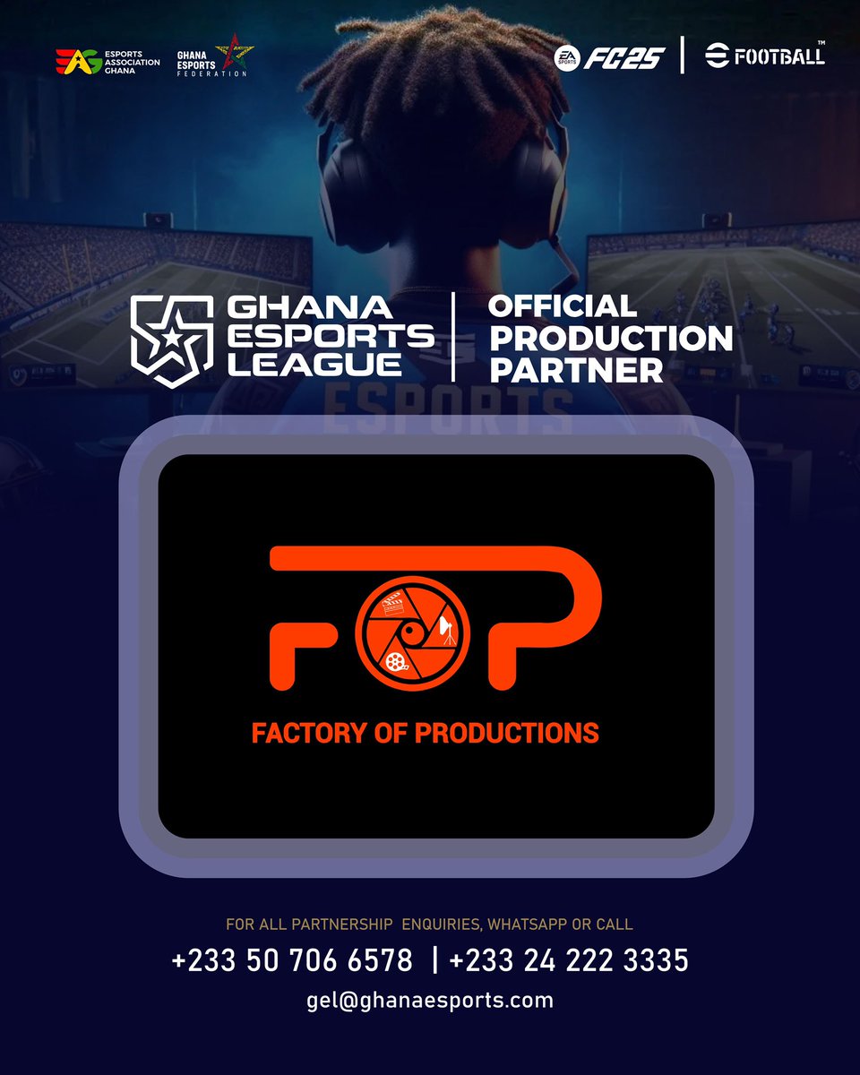 Leveling up Ghana's esports scene! 🎮🇬🇭 

Thrilled to announce Factory of Productions as our Official Production Partner for the Ghana Esports League! Big things coming soon. Anticipate. 🚀  

Looking to join the action? 
📞 Partner with us!  
→ WhatsApp/Call: +233 50 706 6578 |