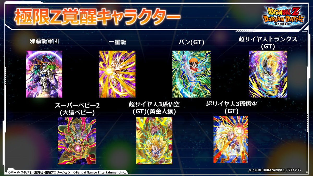dokkan_official's tweet image. \#GlobalDokkanCP 第2弾記念生放送配信中/
✨計10体が極限Z覚醒✨
ドラゴンボールGTのキャラクターから
7体が極限Z覚醒
3体が超極限Z覚醒決定!
対象は画像をチェック👀
📺youtube.com/live/-huV_06Xh…
#ドッカンバトル