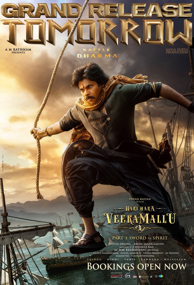 MythriRelease's tweet image. The world is on the brink of witnessing the greatest rebellion ever set sail ⚔️🔥
The historic storm of #HariHaraVeeraMallu breaks loose in cinemas worldwide TOMORROW 🦅 🥁
Special Premieres Today 🎯
Book your tickets now!
Nizam Release by @MythriRelease
Powerstar…