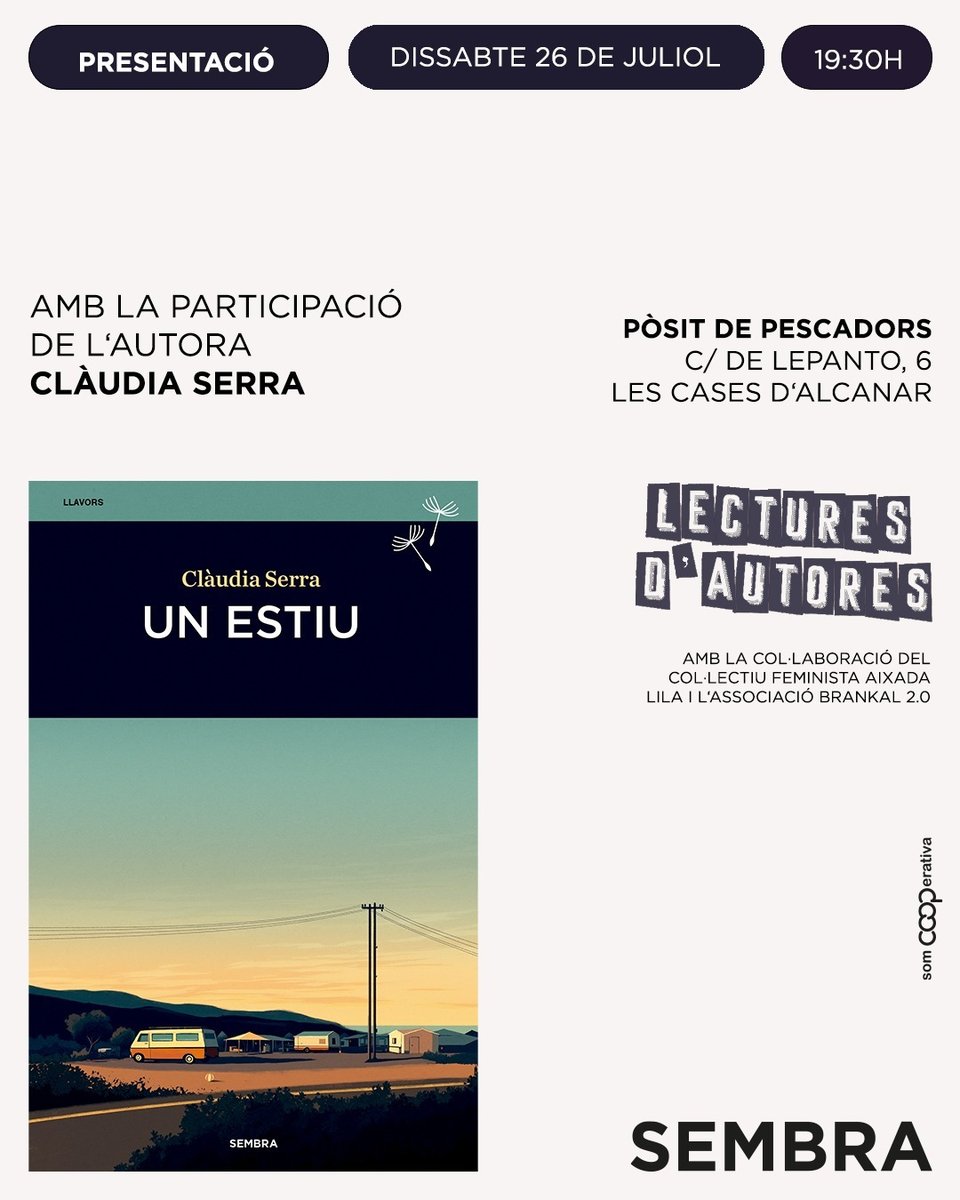 Aquest dissabte a Les Cases...
Presentació d'Un estiu de <a href="/ClaudiaSerraG/">Clàudia Serra</a> 
📌 Al pòsit de Pescadors
🕢 19:30h 

#presentacions #autoreslocals