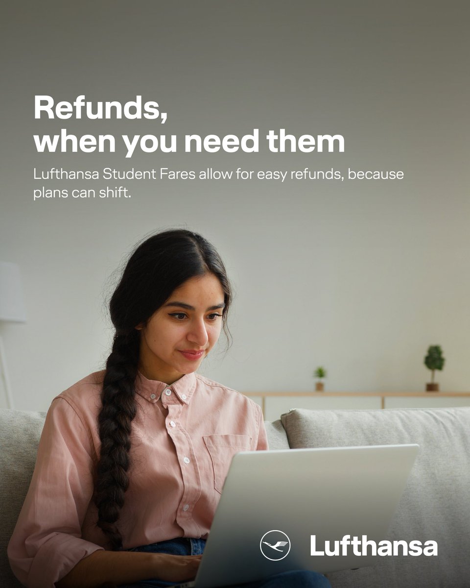 Lufthansa_India's tweet photo. With Lufthansa Student Fares, your ticket is refundable. So if your plans change, your booking can keep up.
Apply for a refund with ease, and stay in control of your travel.
Learn more here: https://t.co/ChVN7btELt
#Lufthansa #LufthansaStudentFares #EasyRefunds #StudentTravel https://t.co/NwJpoy6L9E