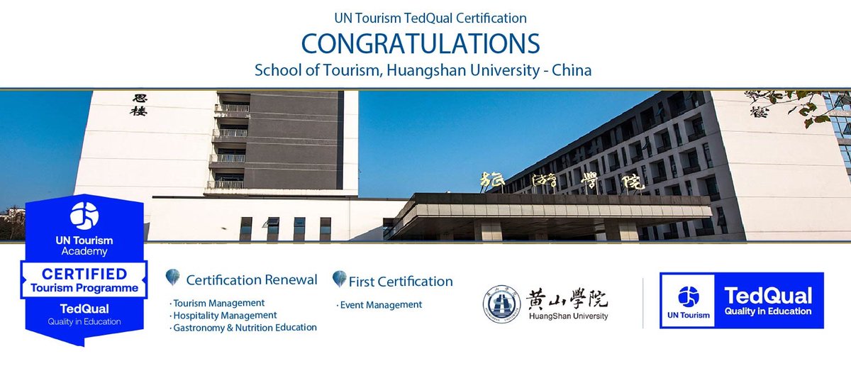 UNWTOAcademy's tweet image. 🏅 Today's CONGRATULATIONS are to the School of Tourism at Huangshan University 🇨🇳 for reviewing the #UN Tourism TedQual Certification for 3 programs and obtaining the Certification for 1 #tourism #education program! 👏👏👏👏
#unwtotedqualnetwork
#qualityeducation