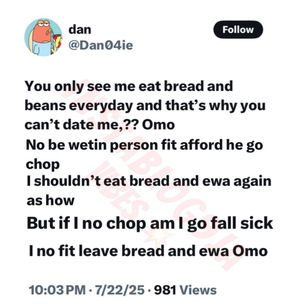 instablog9ja's tweet image. “I no fit leave bread and ewa!” — Man laments online after woman rejected him for eating bread and beans too much 😩🍞🫘