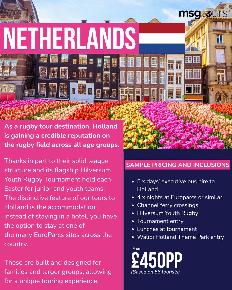 MSG Tours (@msgtours) on Twitter photo Holland is fast becoming a top rugby tour destination! 🇳🇱
With a growing reputation across all age groups, it’s the perfect spot to build team spirit and experience rugby in a new setting.
Ready to tour Holland with your team?
Msgtours.com
Pr@msgtours.com Holland is fast becoming a top rugby tour destination! 🇳🇱
With a growing reputation across all age groups, it’s the perfect spot to build team spirit and experience rugby in a new setting.
Ready to tour Holland with your team?
Msgtours.com
Pr@msgtours.com