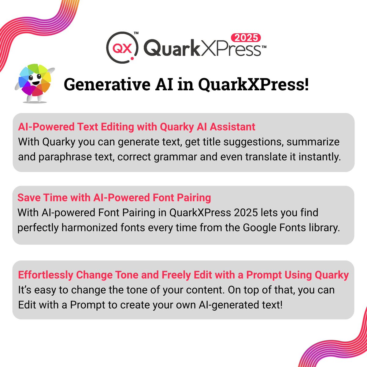 Have you tried out the latest ground breaking AI features in QuarkXPress 2025? 🌟 

Experience it yourself with a QuarkXPress 7-day free trial. 

Get started now 👉 buff.ly/OPI6x1D 

#QuarkXPress #FreeTrial #GraphicDesign #DesignAIFeatures