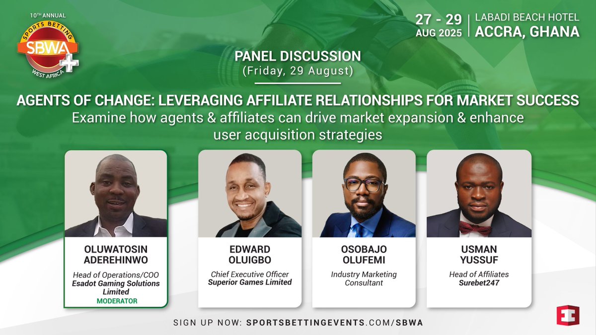 EventusInt's tweet image. oin moderator Oluwatosin Aderehinwo, Head of Operations and COO at Esadot Gaming Solutions Limited, this August as he leads a key panel discussion featuring key industry figures.
Secure your place among the industry's elite: sportsbettingevents.com/sbwa