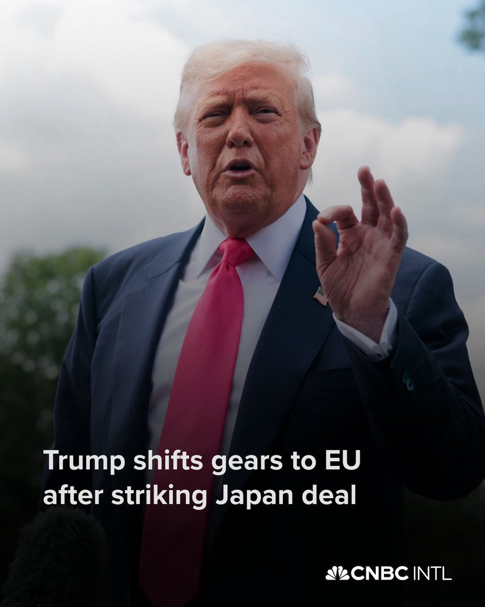 CNBCi's tweet image. U.S. President Donald Trump has now set his sights on trade negotiations with the European Union, after announcing a framework agreement with Japan.
Read more here: cnb.cx/3J0mqAc