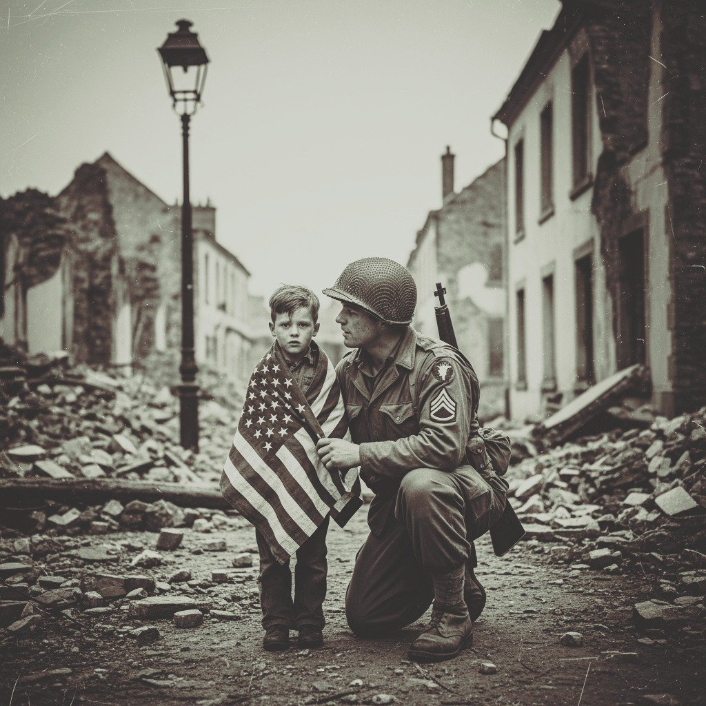 ustonymc's tweet image. He gave his flag to a French orphan in Alsace, France, 1945
An American paratrooper found a starving child hiding in the ruins of a French town. the boy was too scared to speak. the soldier wrapped him in his American flag and whispered, "You're safe now."