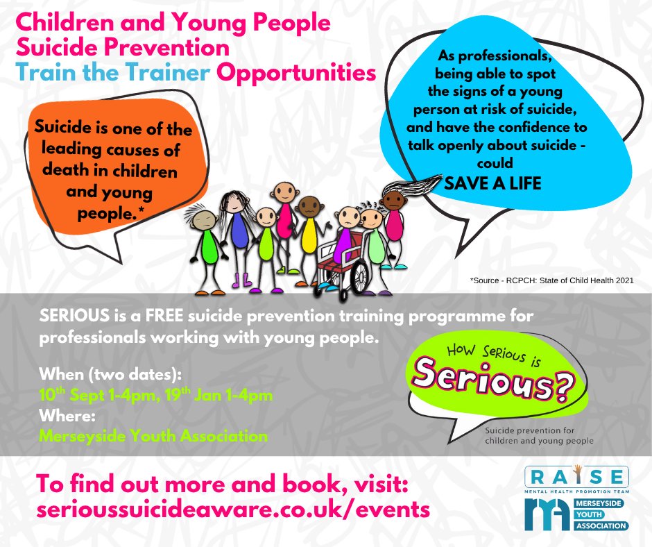 This training helps those working with children &amp; young people to spot the signs of a young person at risk of suicide &amp; build confidence to talk openly about suicide.
📅Two dates:

10th Sept 
19th Jan
Book here&gt; serioussuicideaware.co.uk/overview/book/