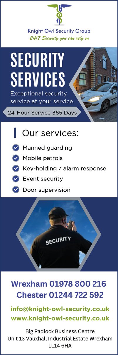Love Wrexham Magazine (@love_wrexham) on Twitter photo Knight Owl Group – 24/7 security you can rely on
Manned guarding | Patrols | Keyholding | Event security | Door supervision
01978 800 216 | mailto:info@knight-owl-security.co.uk | night-owl-security.co.uk
Big Padlock Business Centre, Vauxhall Ind Est
#nw4b
#northwalessocial Knight Owl Group – 24/7 security you can rely on
Manned guarding | Patrols | Keyholding | Event security | Door supervision
01978 800 216 | mailto:info@knight-owl-security.co.uk | night-owl-security.co.uk
Big Padlock Business Centre, Vauxhall Ind Est
#nw4b
#northwalessocial