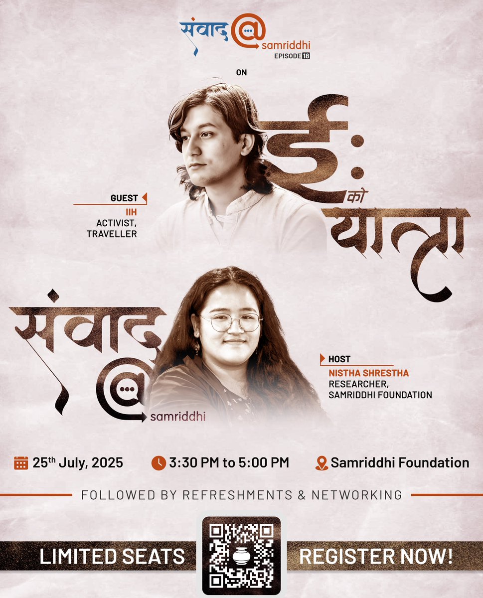 SamriddhiTPF's tweet image. Join us this Friday to learn of ई: (iih)'s journey of travelling and finding answers to what it takes to go from raising placards to shaping national discourse in Nepal.
Limited seats available so register now at: forms.gle/gaC8LGqvcgcKtJ…