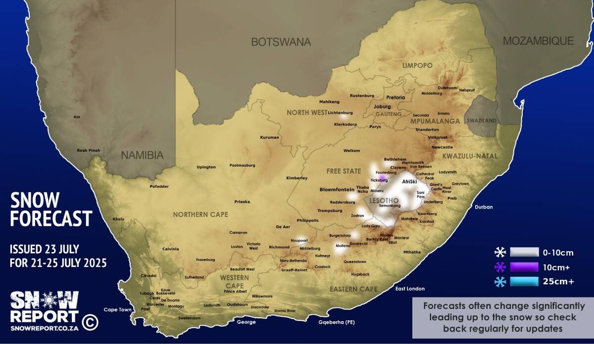 ❄ UPDATED SNOW FORECAST: More snowfall possible for South Africa and Lesotho by Friday - more details at snowreport.co.za #snowreportsa #africansnow #weather