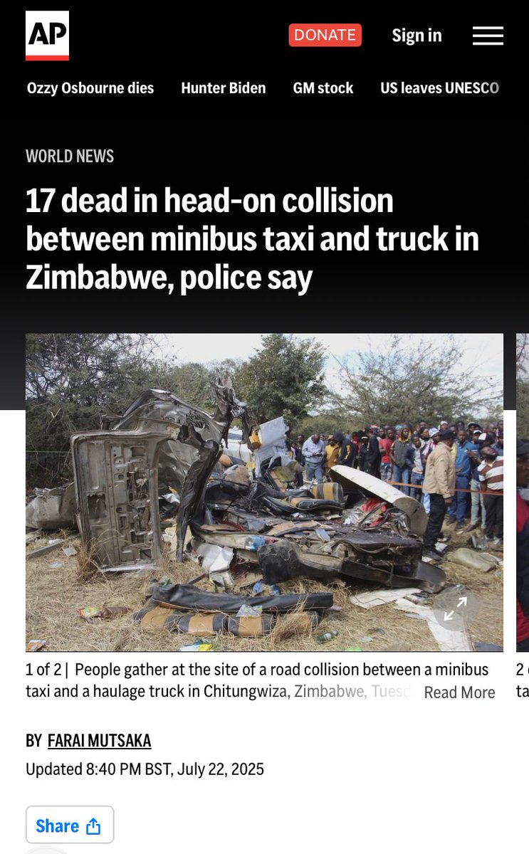 ZimbabweFreedo1's tweet image. 17 dead in head-on collision between minibus taxi and truck in Zimbabwe, police say
apnews.com/article/zimbab…