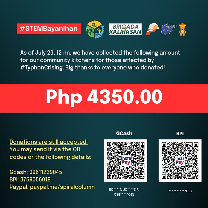 As of July 23, 12 nn, we have collected the following amount for our community kitchens for those affected by #TyphonCrising. Big thanks to everyone who donated!

Donations are still accepted!
You may send it via the QR codes

#ReliefPH #STEMBayanihan