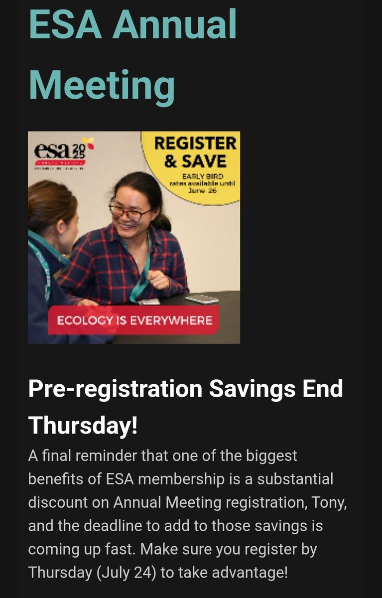 ESA_SW's tweet image. Clock&apos;s ticking on discounted early bird registrations! Register by Thursday 7/24 to take advantage! 
esa.org/baltimore2025/…