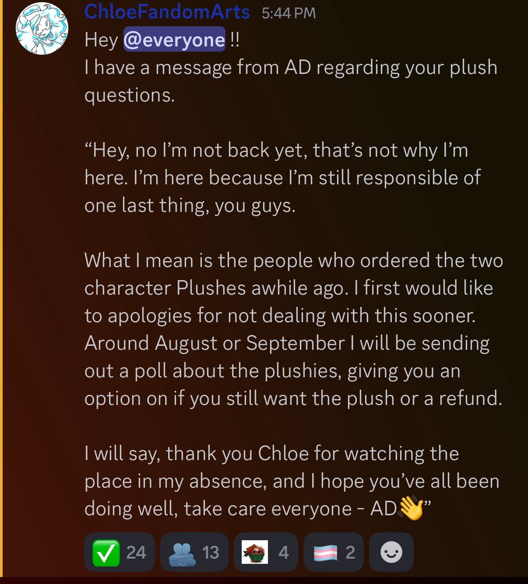 OSCplush_news's tweet image. Around August or September a poll will be sent out asking about the Jotty and Slice 2.0 plushies which will give you an option to refund them or keep the plushies.