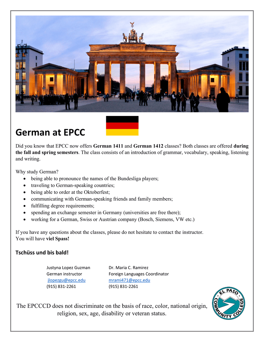 EPCC (@epccnews) on Twitter photo Take German at EPCC! Register today at go.epcc.edu/RegisterNow
For more info call (915) 831-2261 or email jlopezgu@epcc.edu or mrami471@epcc.edu
<a href="/EPCCRecruitment/">EPCC Recruitment</a>
#EPCCpride Take German at EPCC! Register today at go.epcc.edu/RegisterNow
For more info call (915) 831-2261 or email jlopezgu@epcc.edu or mrami471@epcc.edu
<a href="/EPCCRecruitment/">EPCC Recruitment</a>
#EPCCpride