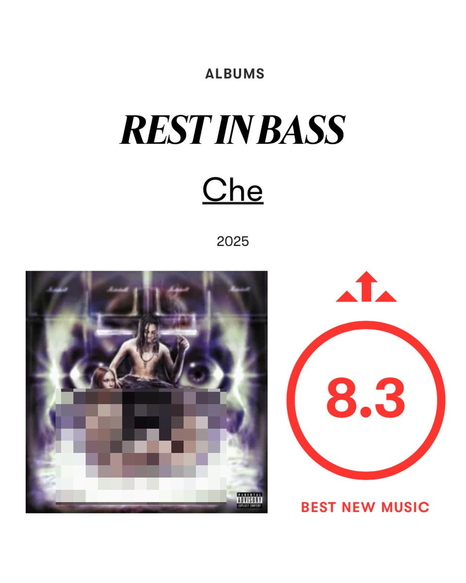 Kurrco's tweet image. Pitchfork rates Che's 'REST IN BASS' an 8.3.
"The Atlanta rapper’s second album is the platonic ideal of rage rap—diced-up lines and constant distortion, with enough vulnerability to balance the outrageous hedonism."