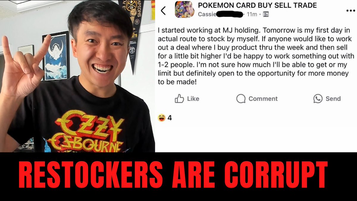 Kennyboulder's tweet image. RIP to Ozzy Osbourne.
This story is about a MJ Holdings newly hired employee deciding to try to sell their access to products on a Pokemon Facebrook group.
Video:
youtu.be/KRMqQnO8QZI
@MarcApruzzese @_pikanomics @pok_re92689 @ScalpersDaWild @SocalCoyote @PkmnBay