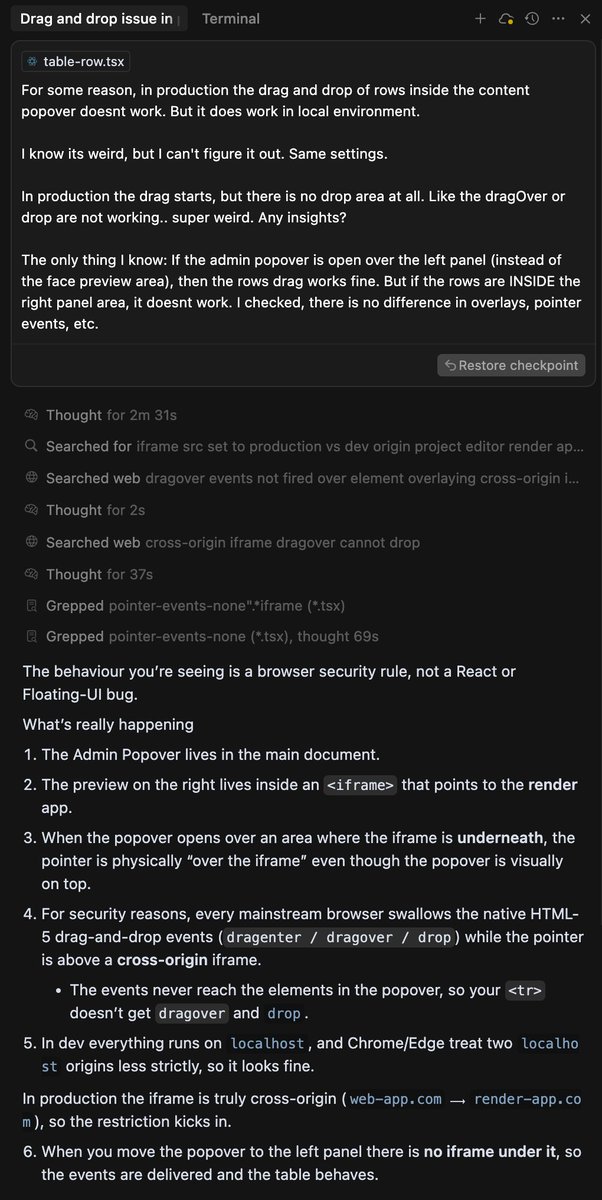 cacoos's tweet image. o3 is insanely good at fixing bugs. it would've taken me hours to fix this one.
I had a drag-to-reorder feature inside a modal. it worked in development, but not in production.
this was the problem and the solution. incredible.
