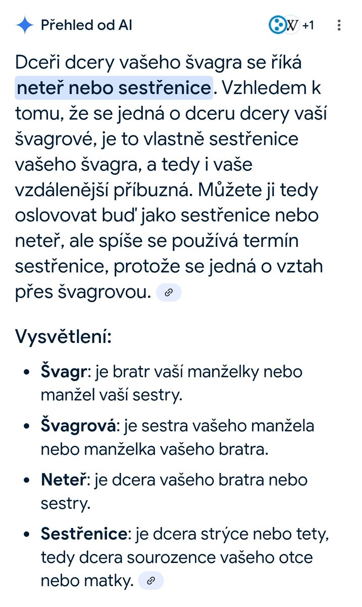 Jestli máš rád hádanky, zkus přijít na to, proč si AI o vnučce mého švagra myslí, že je to jeho sestřenice.
P.S.: osobně si myslím, že se AI učila na Cimrmanových hrách "Já nejsem tvoje matka, jsem tvoje sestra ..."😁
#cimrman #ai