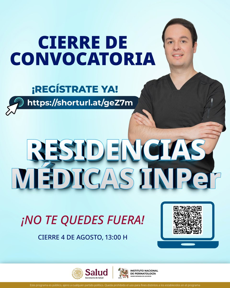 RESIDENCIAS MÉDICAS INPer
CONVOCATORIA DE ESPECIALIZACIONES 2025

shorturl.at/geZ7m

Si tu vocación es cuidar el inicio de la vida, ¡Regístrate YA!

#resiidenciasmédicas #residenciasmédicasINPer #INPer #Perinatología #EspecializacionesINPer
