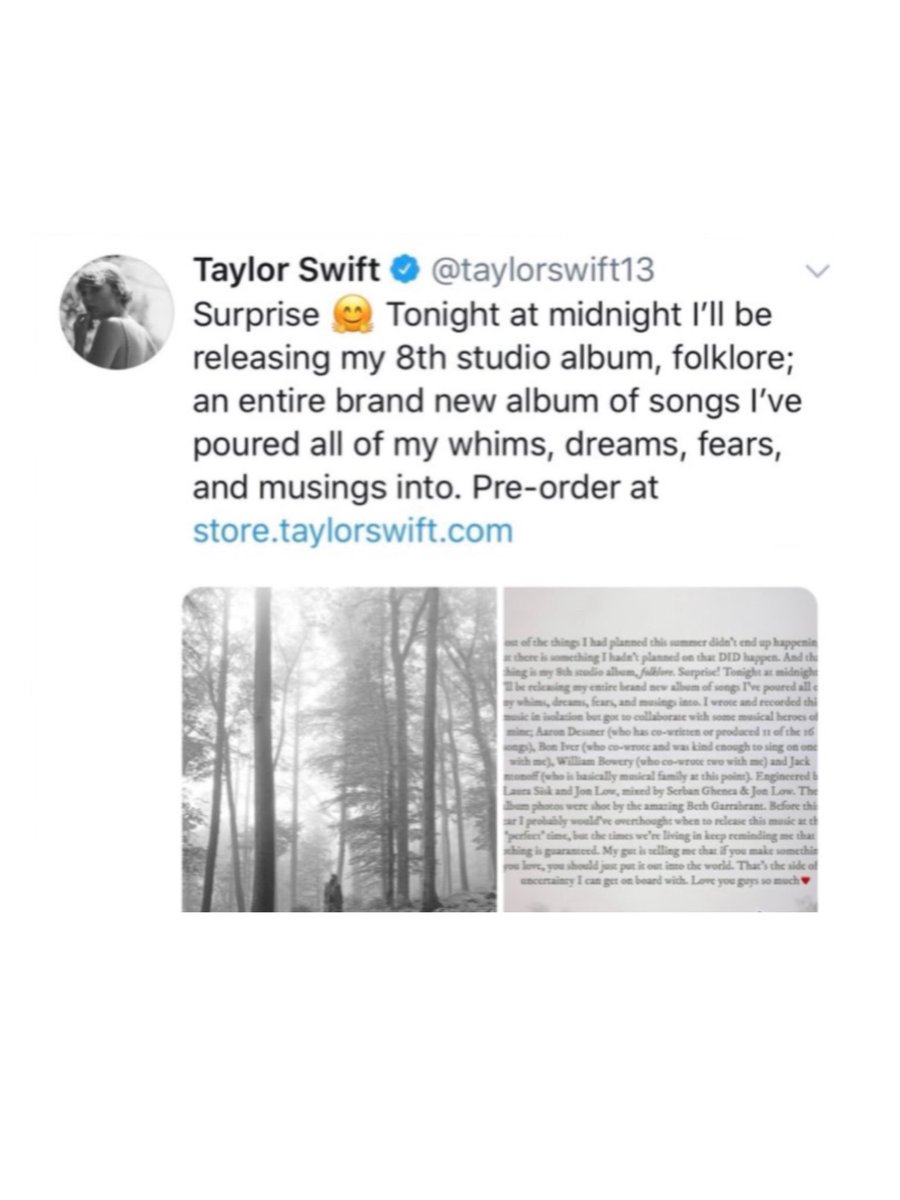 TheePopCore's tweet image. 5 years ago today, Taylor Swift shook the entire internet by surprise-dropping and releasing the iconic album folklore.