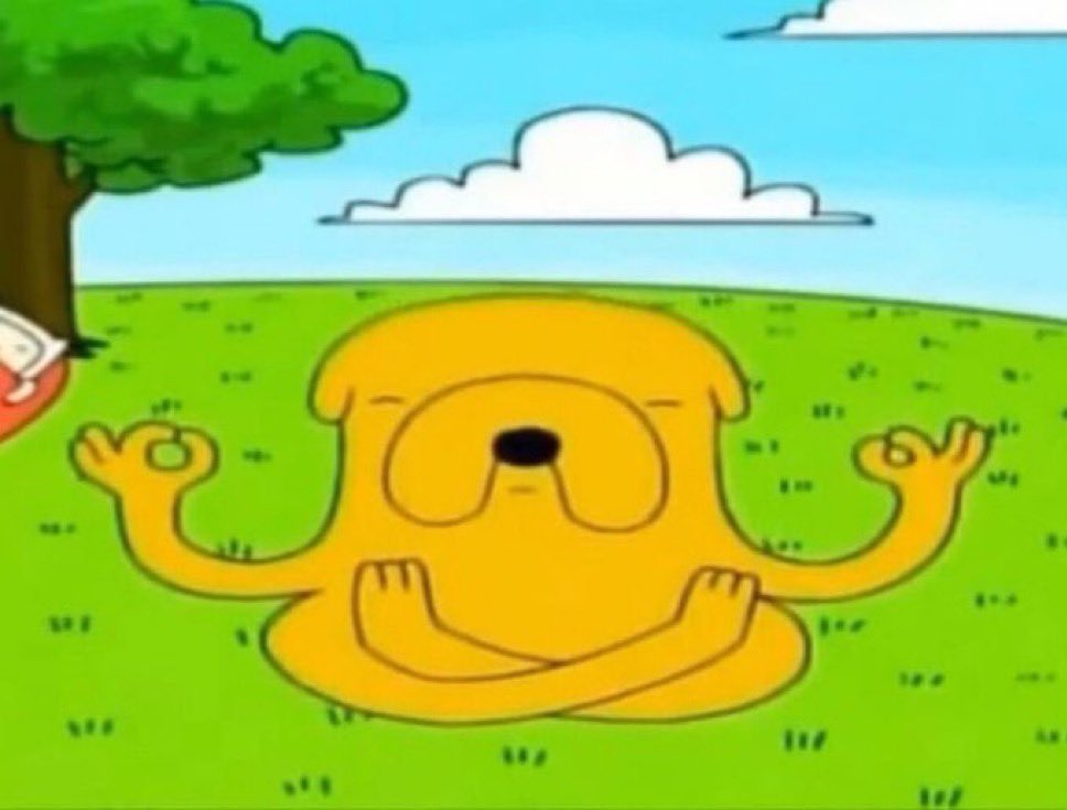 orchidhearted's tweet image. going to print out this drawing with the caption “everyone has their own interpretation” and stick it next to my cheesy hang in there cat poster. because i need the reminder. thank U jake the dog for being so At Peace