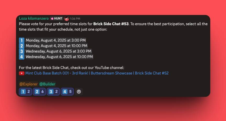 steemhunt's tweet image. Brick Side Chat #52 successfully wrapped up with a showcase by @buttersdream!
Now we're opening up the next BSC schedule, please vote for the time slot that works best for you!
discord.com/channels/10314…
If you missed BSC #52, we highly recommend rewatching it on @YouTube!…