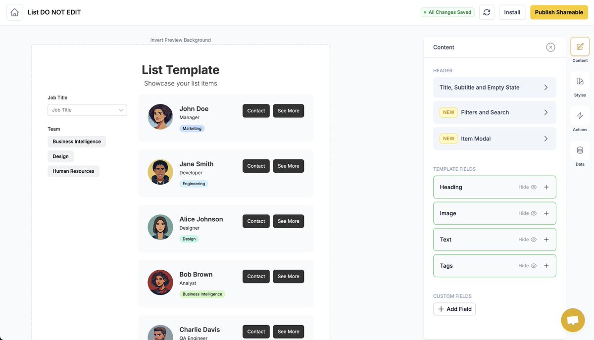 ↗️ Shareables Update Log 1.04

You can add more types of custom elements to templates 
–– Images
–– Embeds
–– Links

+ a few performance fixes for large Airtable bases