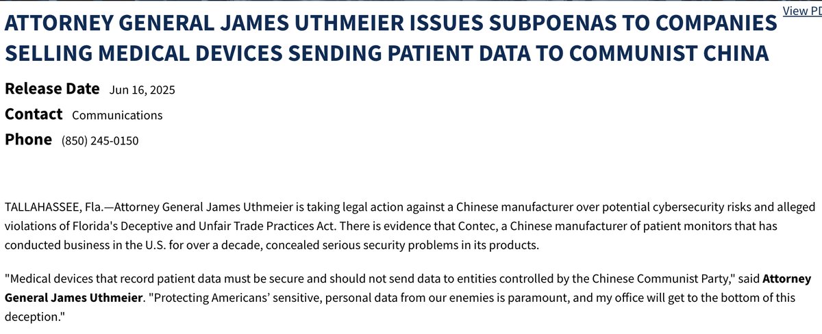 Michael7ucci's tweet image. Rule-of-Law is CCP kryptonite
The CCP's outsized gains have come through lawlessness -- theft, trade cheating & ignoring consumer protections.
State AGs must strike back with the RULE OF LAW a la @AGJamesUthmeier 💪
myfloridalegal.com/newsrelease/at…