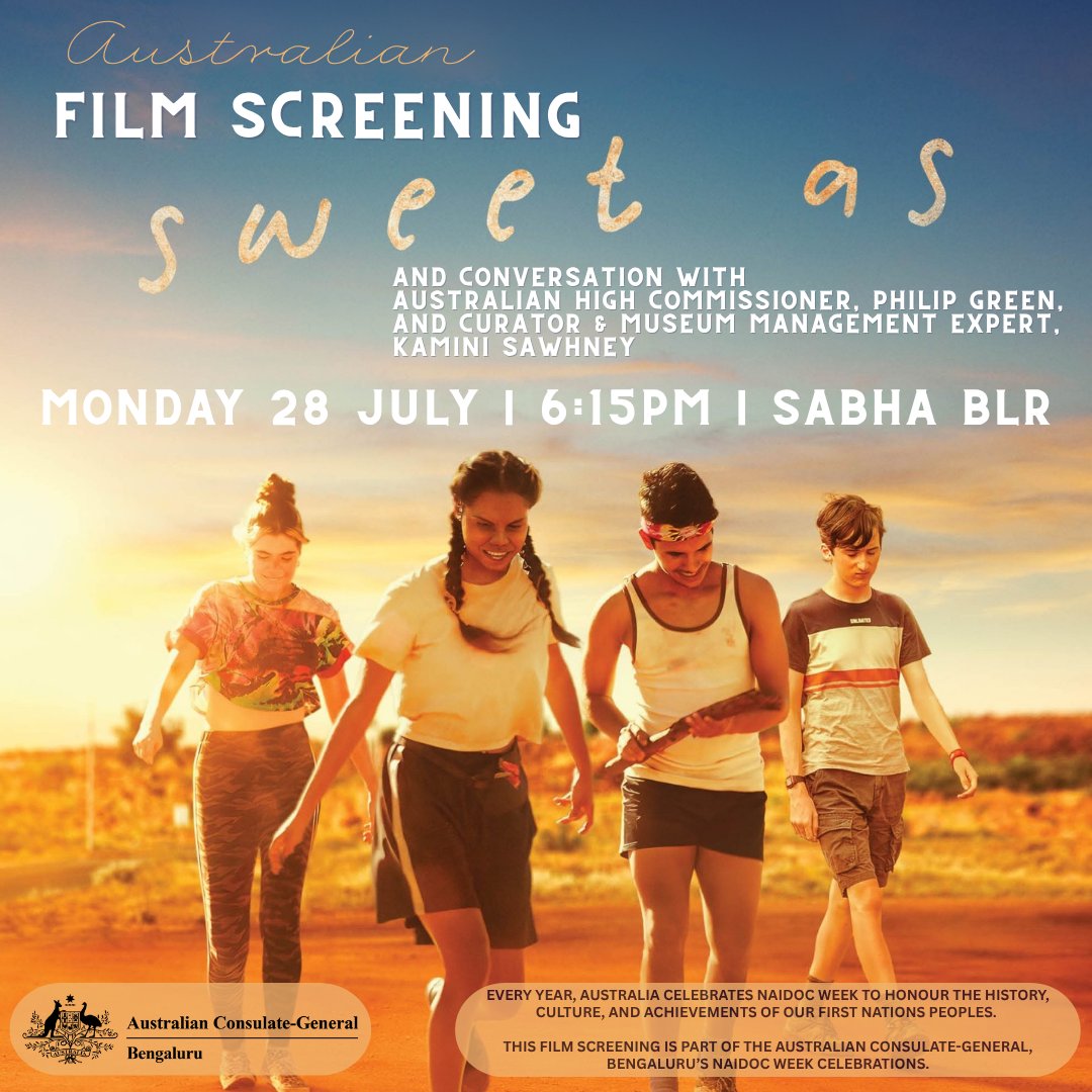 AusCGBengaluru's tweet image. #ICYMI – As part of #NAIDOC celebrations, we are hosting an exclusive screening of ‘Sweet As’, an uplifting coming-of-age film at Sabha Blr on 28 July at 6:15 pm. This event includes a special ‘in conversation’ with @AusHCIndia &amp;amp; Kamini Sawhney. RSVP here: forms.gle/BRQB9QWguEHWyZ…