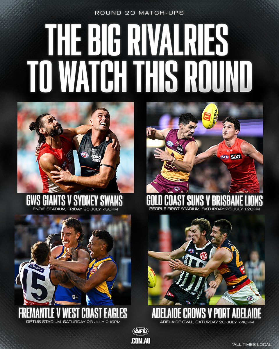 AFL's tweet image. Which four will be victorious? 🍿
Get your tickets to Round 20 bit.ly/2025AFLTickets 🎟️
