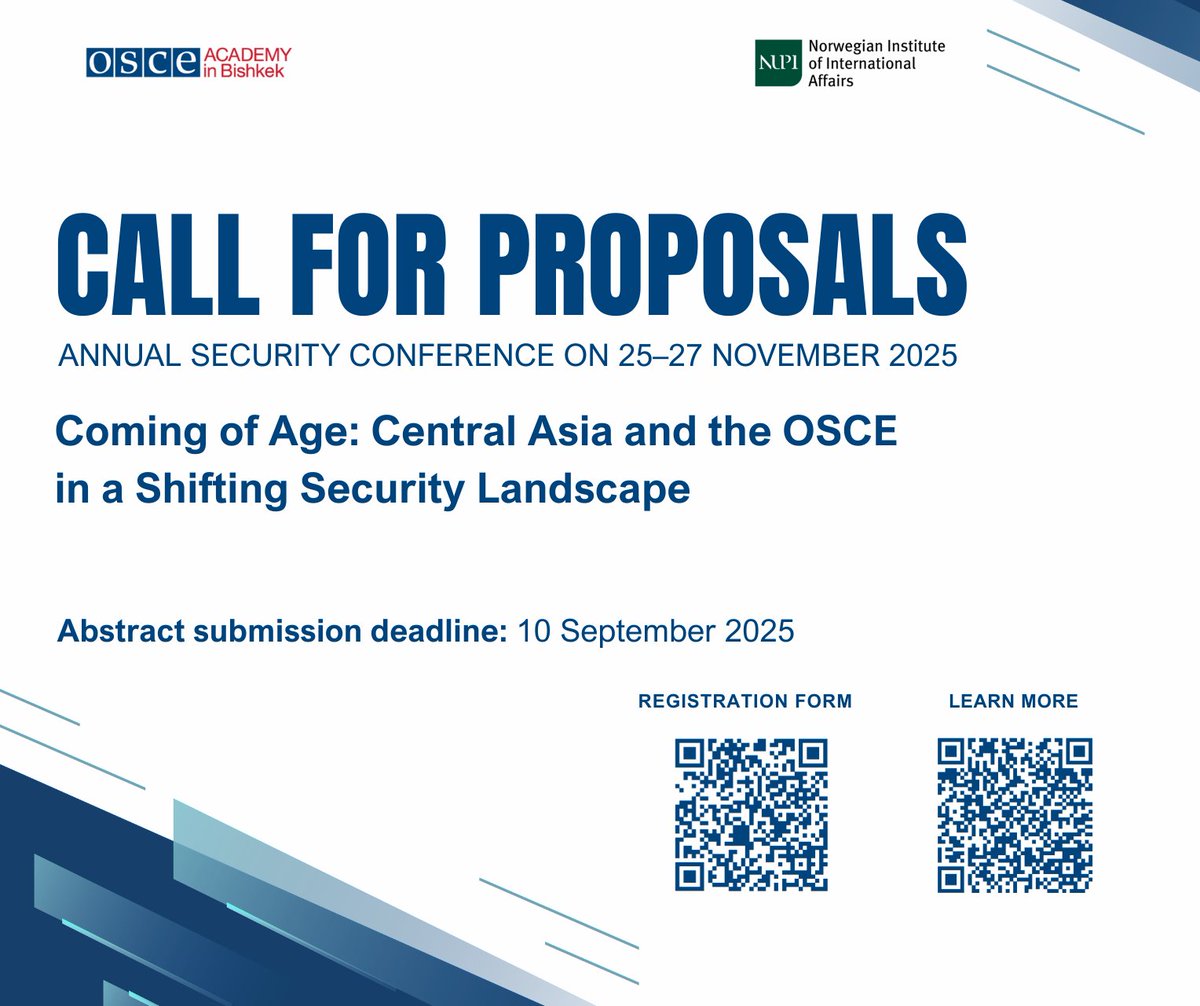 OSCE_Academy's tweet image. Call for Papers | OSCE Academy Annual Security Conference 2025
๐ 25โ26 Nov | Bishkek
Theme: Coming of Age โ Central Asia and the OSCE in a Shifting Security Landscape
Learn more : shorturl.at/OhNo2