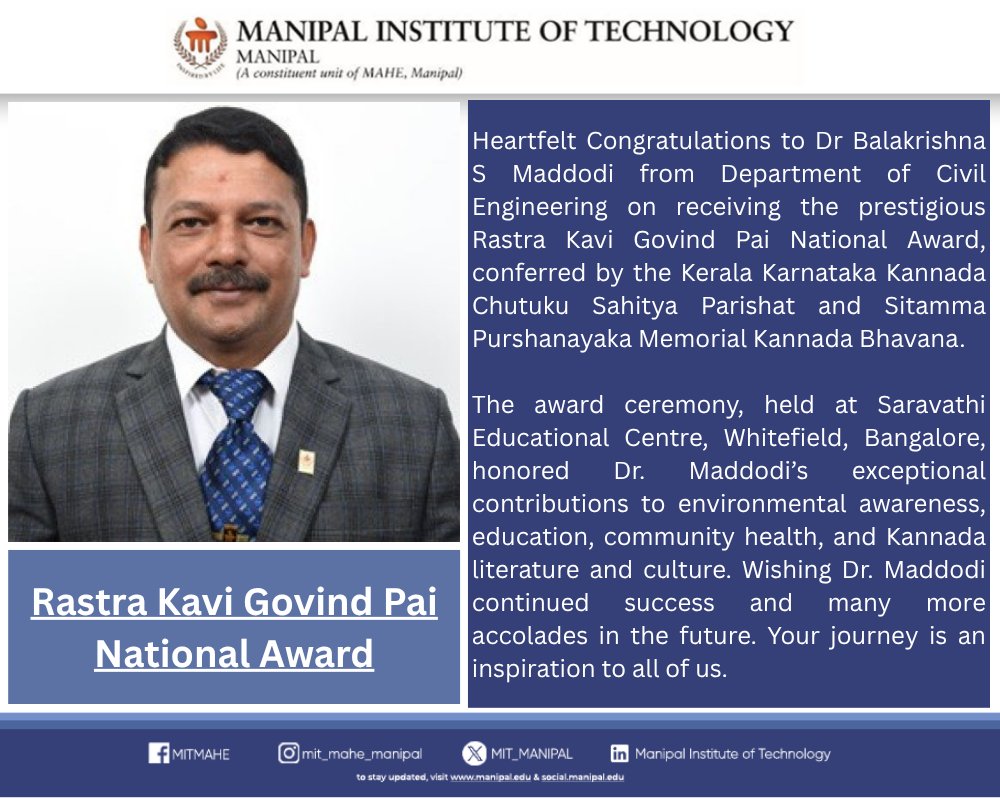 MIT_MANIPAL's tweet photo. #PrideOfMIT #RastraKaviAward #KannadaCulture #MITManipal https://t.co/aVA2RYhAU2
