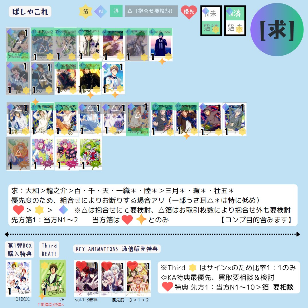 seto_goods's tweet photo. 【交換】アイナナ　ぱしゃこれ　ウエハース

譲：画像１
一織・大和・環・壮五・陸、楽・天、百・千、悠・トウマ・巳波・虎於
求：ぱしゃこれ　画像２
※求ウエハース分とは条件異なりますので要注意⚠️

郵送交換希望、詳細は各画像ご確認願います。
検索からでもお気軽にお声掛けください。 https://t.co/bK6hGfRfTw