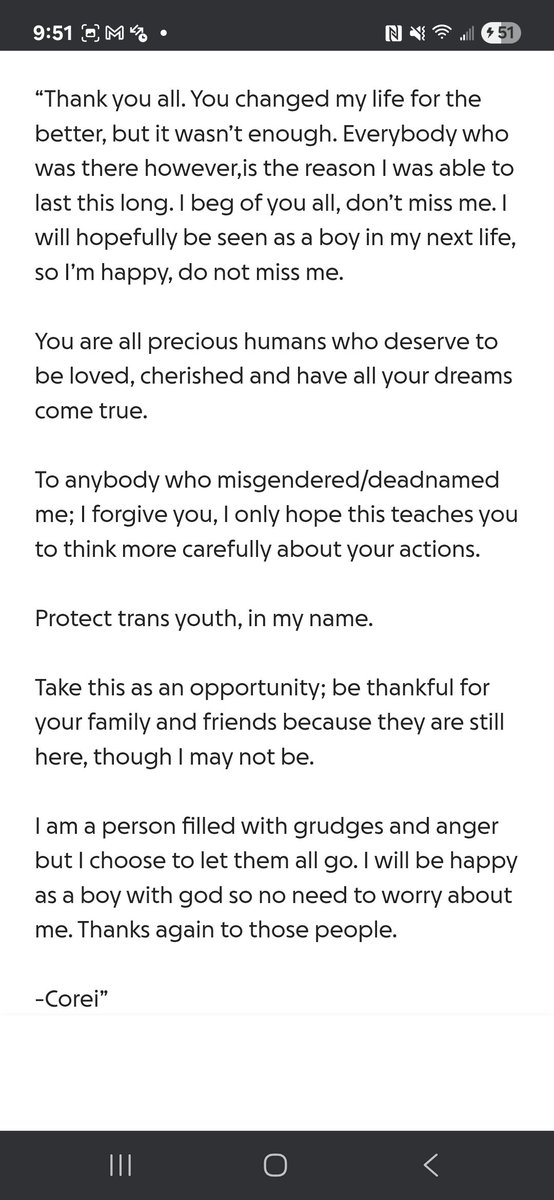 TTExulansic's tweet image. Dead Names: Corei Hall
A 14 year old female to male social transitioner ended her life in October 2023. It is unclear if she was also on testosterone, which is known to be associated with increased suicidality in women with a history of suicide attempts. The note blamed…
