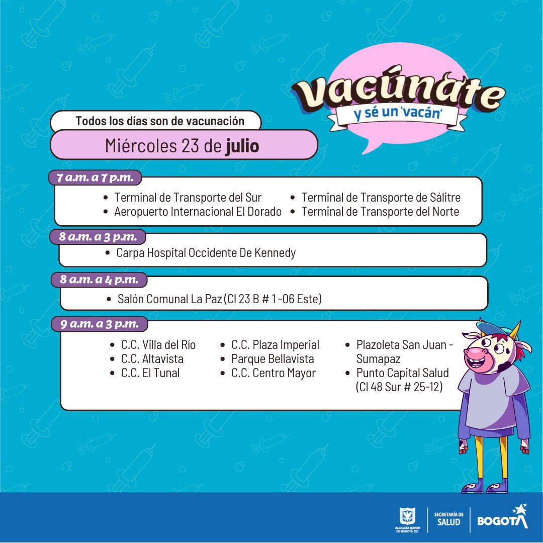 #AquíSíPasa ¡Ponte al día con las vacunas!

Aquí los puntos habilitados este miércoles 23 de julio👉bit.ly/4lkn21G

🟡 🟡👀 #Atentos: la vacunación para viajeros (fiebre amarilla💉) está concentrada en 24 puntos. Conócelos en el siguiente enlace: saludcapital.gov.co/Documents/Home…