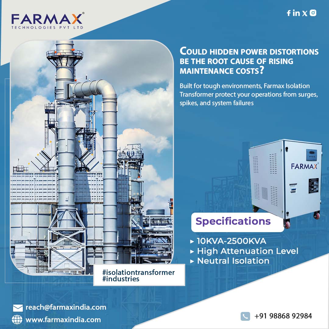 FarmaxT's tweet image. Could hidden power distortions be the root cause of rising maintenance costs?
Built for tough environments, Farmax Isolation Transformer protect your operations from surges, spikes, and system failures

📞 98868 92984
🌐 farmaxindia.com

#IsolationTransformer #industries
