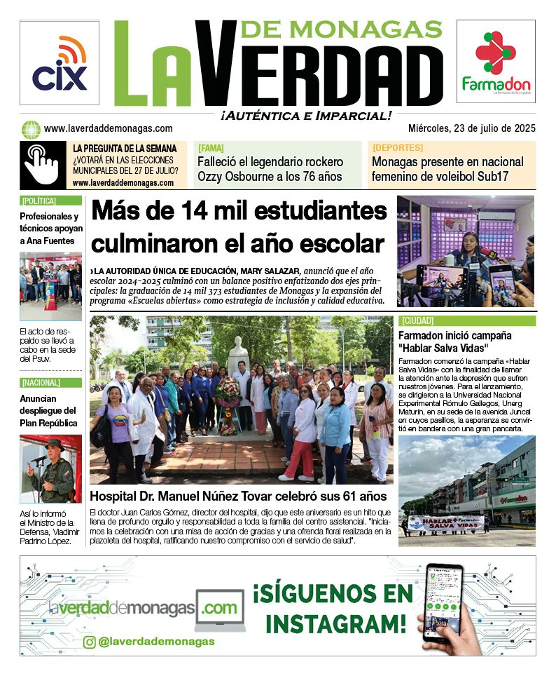 DarvinsonRojas's tweet image. #23Jul | Primera página del diario La Verdad de Monagas.