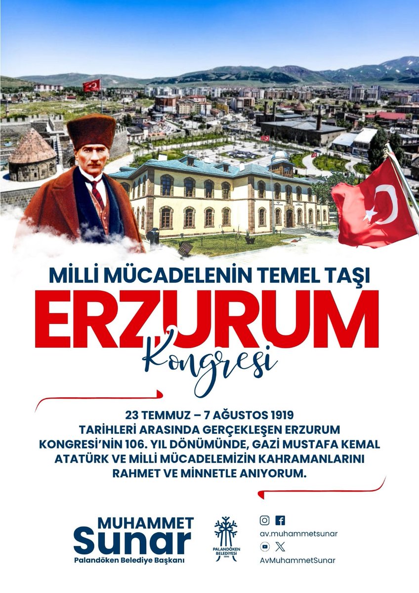 “Millî sınırlar içinde vatan bir bütündür, parçalanamaz.” 🇹🇷
Milli Mücadele'nin temel taşlarından biri olan Erzurum Kongresi’nin 106. yıl dönümünü gururla kutluyor, başta Gazi Mustafa Kemal Atatürk olmak üzere, bağımsızlık uğruna mücadele veren tüm kahramanlarımızı rahmet, minnet
