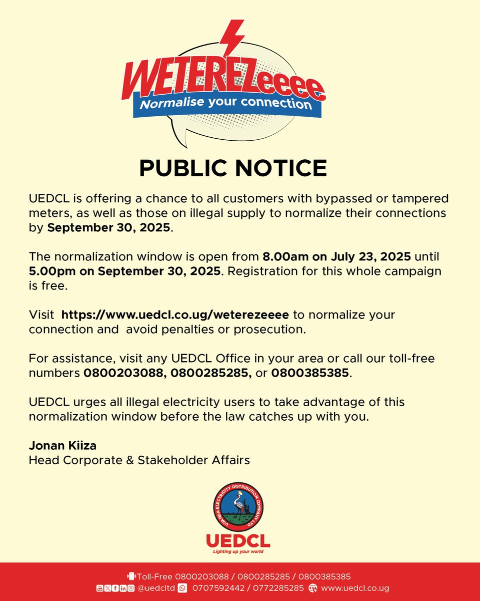UEDCLTD's tweet image. WETEREZeeee!
UEDCL is offering a chance to all customers with bypassed or tampered meters, as well as those on illegal supply to normalize their connections by September 30, 2025.
#UEDCLinService #LightingUpYourWorld