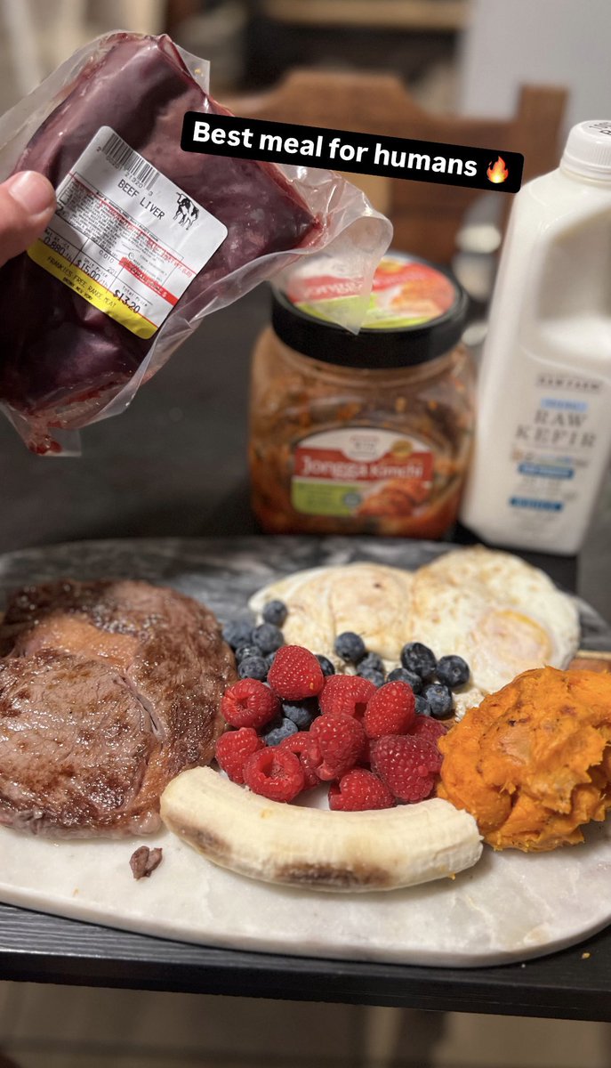 JakeG_Official's tweet image. BEST MEAL FOR HEALTHY GUT BACTERIA IN THE HUMAN DIET 🤌
- Grass fed ribeye (med-rare)
- Organ meats
- Pasture raised eggs
- Raw dairy/ kefir
- Fermented vegetables (kimchi)
- Organic fruits + berries
- Sweet potato + raw butter
(low inflammatory starch)
- Sea Salt + Raw Honey