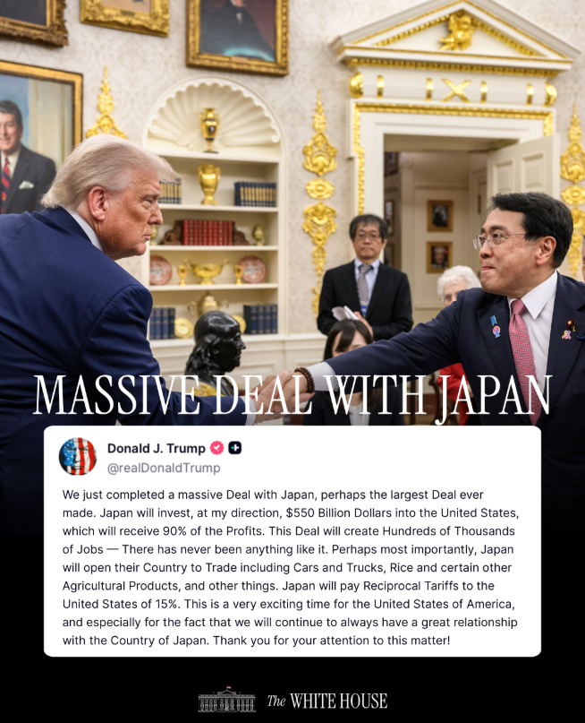 A golden deal for the new, golden age of 🇺🇸🇯🇵 relations! Thanks to the leadership and vision of <a href="/POTUS/">President Donald J. Trump</a> and Prime Minister <a href="/shigeruishiba/">石破茂</a>, our two great nations have completed a truly historic agreement. The hard work and dedication of Treasury <a href="/SecScottBessent/">Treasury Secretary Scott Bessent</a>, Commerce Secretary