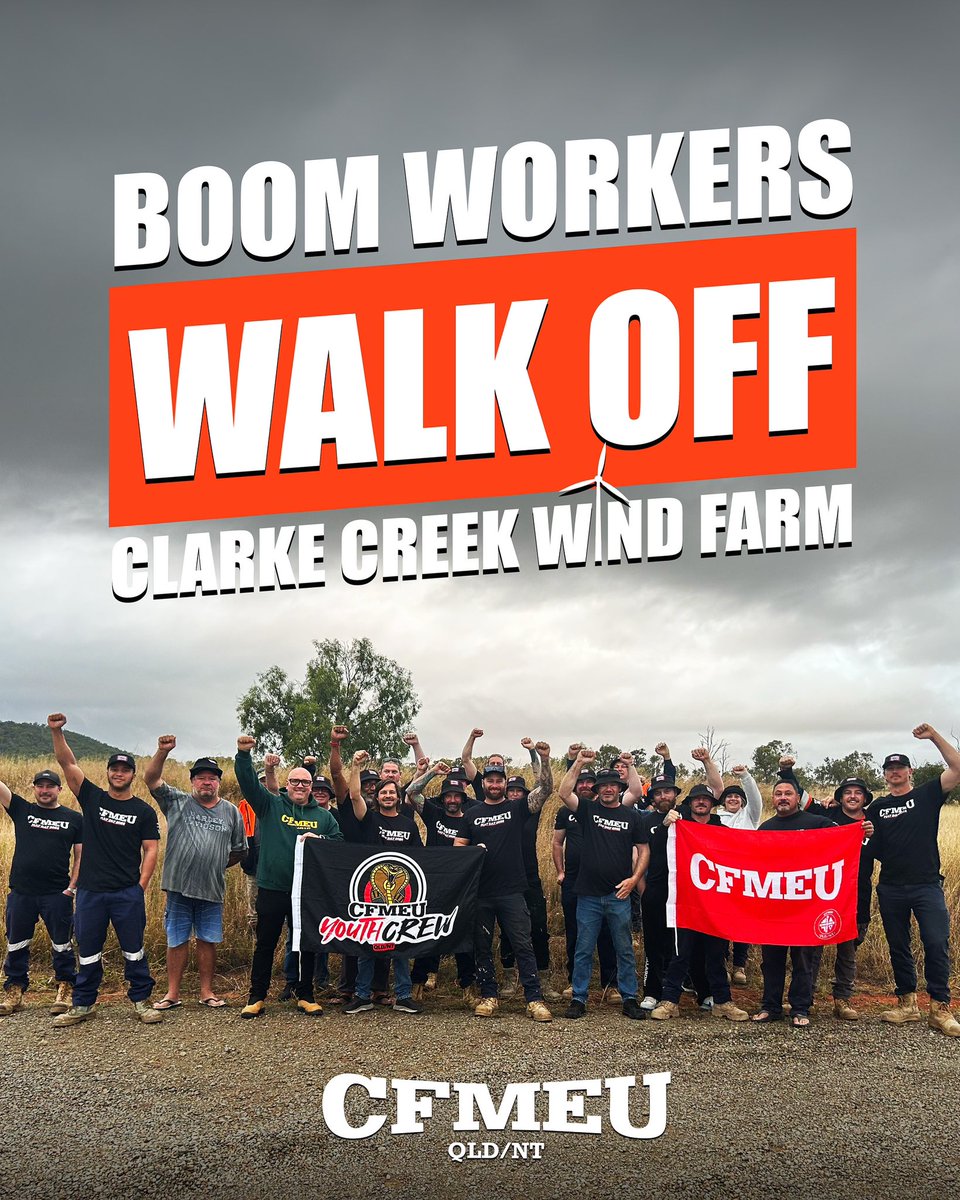 Boom crane crew are taking protected industrial action to lift standards in the renewables sector. 🏗️

The 24 hour strike at Clarke Creek Wind Farm sends a clear message to Boom to start bargaining with the CFMEU.