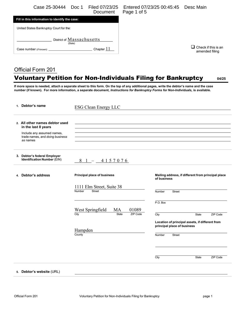_RKConsultants's tweet image. ESG Clean Energy LLC Files Chapter 11 Bankruptcy
🚨 BANKRUPTCY FILING ALERT 🚨
ESG CLEAN ENERGY LLC
Chapter 11 - District of Massachusetts
Filed: July 23, 2025
Case No. 25-30444
📊 Assets: $10M-$50M | Liabilities: $10M-$50M | Total Creditors: 1-49 | Industry: Clean Energy…