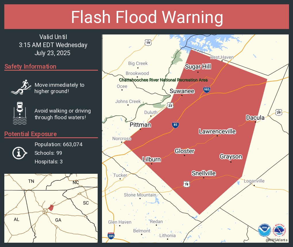 NWSAtlanta's tweet image. Flash Flood Warning including Lawrenceville GA, Sugar Hill GA and Snellville GA until 3:15 AM EDT