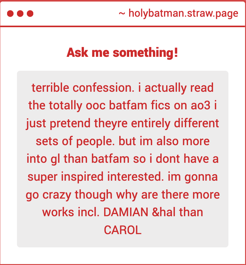 holybatmans's tweet image. lmaooo your second message 😭😭
re: fics, yeah it's rough out there and forever frustrating. it sucks how many fics are bat-centric, because that's why we get more fics w/ hal & damian than hal & carol. but it is also on us as a group to help change that, you know?
