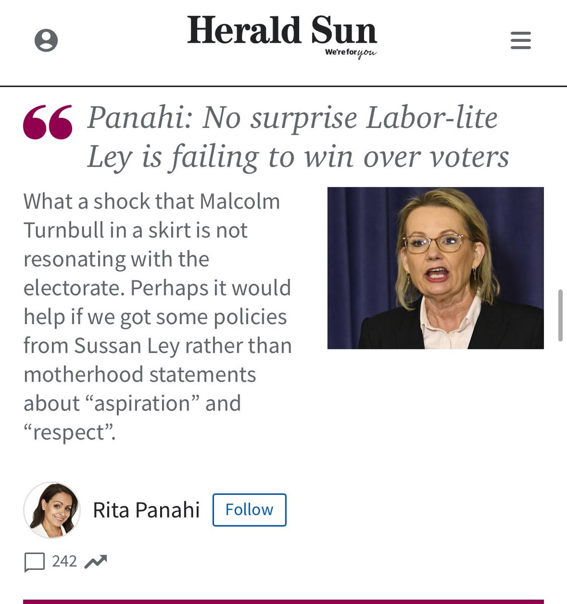 RitaPanahi's tweet image. What a shock that Malcolm Turnbull in a skirt is not resonating with the electorate...
heraldsun.com.au/news/opinion/r…